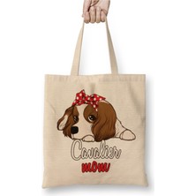 Toyaso Cavalier King Charles Mom Cartoon Dog Beyaz Bez Çanta Uzun Saplı Alışveriş Çantası Plaj Çantası