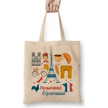 Toyaso Fransızca Öğretmeni Beyaz Bez Çanta Uzun Saplı Alışveriş Çantası Plaj Çantası