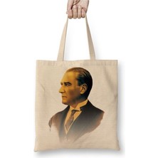 Toyaso Mustafa Kemal Atatürk 014 Beyaz Bez Çanta Uzun Saplı Alışveriş Çantası Plaj Çantası