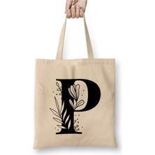 Toyaso P Harfi Beyaz Bez Çanta Uzun Saplı Alışveriş Çantası Plaj Çantası