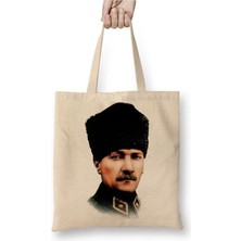 Toyaso Mustafa Kemal Atatürk 010 Beyaz Bez Çanta Uzun Saplı Alışveriş Çantası Plaj Çantası
