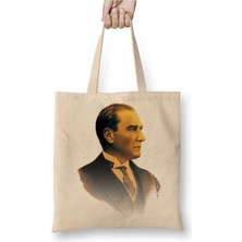 Toyaso Mustafa Kemal Atatürk 011 Beyaz Bez Çanta Uzun Saplı Alışveriş Çantası Plaj Çantası