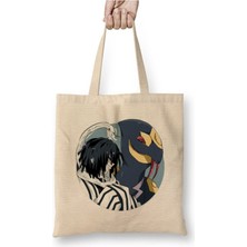 Toyaso Demon Slayer Iguro Beyaz Bez Çanta Uzun Saplı Alışveriş Çantası Plaj Çantası