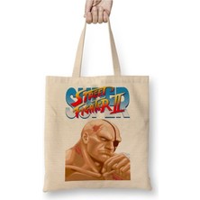 Toyaso Street Fighter 2 Ryu Beyaz Bez Çanta Uzun Saplı Alışveriş Çantası Plaj Çantası