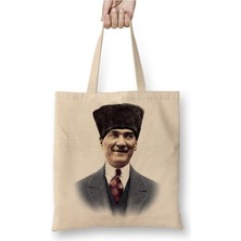 Toyaso Mustafa Kemal Atatürk 013 Beyaz Bez Çanta Uzun Saplı Alışveriş Çantası Plaj Çantası