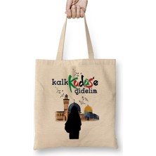 Toyaso Kalk Kudüs'e Gidelim Beyaz Bez Çanta Uzun Saplı Alışveriş Çantası Plaj Çantası