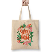 Toyaso Supermom Süperanne Anneler Günü 06 Beyaz Bez Çanta Uzun Saplı Alışveriş Çantası Plaj Çantası