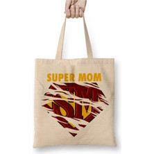 Toyaso Supermom Süperanne Anneler Günü 03 Beyaz Bez Çanta Uzun Saplı Alışveriş Çantası Plaj Çantası