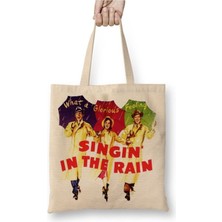 Toyaso Sign In The Rain Retro Beyaz Bez Çanta Uzun Saplı Alışveriş Çantası Plaj Çantası