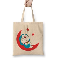 Toyaso Doraemon Moon Beyaz Bez Çanta Uzun Saplı Alışveriş Çantası Plaj Çantası