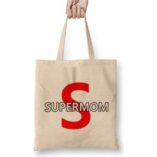 Toyaso Supermom Süperanne Anneler Günü 07 Beyaz Bez Çanta Uzun Saplı Alışveriş Çantası Plaj Çantası