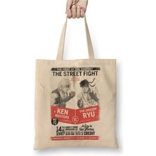 Toyaso Street Fighter The Street Fight Beyaz Bez Çanta Uzun Saplı Alışveriş Çantası Plaj Çantası