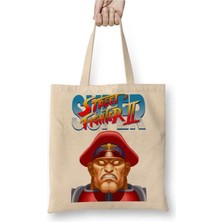 Toyaso Street Fighter 08 Beyaz Bez Çanta Uzun Saplı Alışveriş Çantası Plaj Çantası