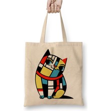 Toyaso Mondrian Cat Kedi Beyaz Bez Çanta Uzun Saplı Alışveriş Çantası Plaj Çantası