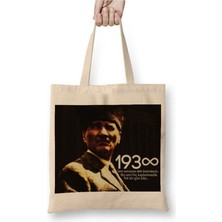 Toyaso Mustafa Kemal Atatürk 021 Beyaz Bez Çanta Uzun Saplı Alışveriş Çantası Plaj Çantası