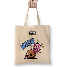 Toyaso BT21 Bts Exclusive Design Beyaz Bez Çanta Uzun Saplı Alışveriş Çantası Plaj Çantası
