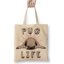 Toyaso Pug Life Köpek Beyaz Bez Çanta Uzun Saplı Alışveriş Çantası Plaj Çantası