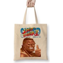 Toyaso Street Fighter 2 Sagat Beyaz Bez Çanta Uzun Saplı Alışveriş Çantası Plaj Çantası