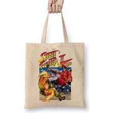 Toyaso Street Fighter Afiş Poster Beyaz Bez Çanta Uzun Saplı Alışveriş Çantası Plaj Çantası