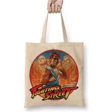 Toyaso Street Fighter Fighting Street Beyaz Bez Çanta Uzun Saplı Alışveriş Çantası Plaj Çantası