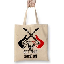 Toyaso Get Your Rocks Beyaz Bez Çanta Uzun Saplı Alışveriş Çantası Plaj Çantası