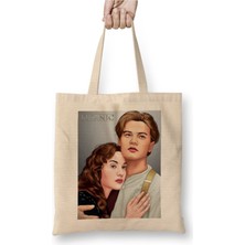 Toyaso Movie Lover Rose And Jack Titanic Beyaz Bez Çanta Uzun Saplı Alışveriş Çantası Plaj Çantası