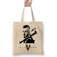 Toyaso Ragnar Vikings Beyaz Bez Çanta Uzun Saplı Alışveriş Çantası Plaj Çantası