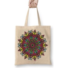 Toyaso Mandala Renkli Hat Sanatı 01 Beyaz Bez Çanta Uzun Saplı Alışveriş Çantası Plaj Çantası