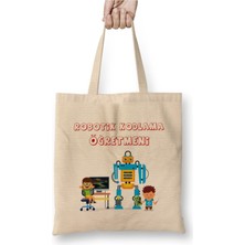 Toyaso Robotik Kodlama Öğretmeni Beyaz Bez Çanta Uzun Saplı Alışveriş Çantası Plaj Çantası