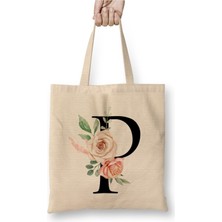 Toyaso P Harfi Beyaz Bez Çanta Uzun Saplı Alışveriş Çantası Plaj Çantası