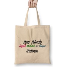 Toyaso Yeni Yıl Hediyesi Mutlu Yıllar Dilek Beyaz Bez Çanta Uzun Saplı Alışveriş Çantası Plaj Çantası