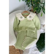 Miniğimin Cicileri Gömlek Yaka Çiçek Işlemeli Müslin Kız Çocuk 2 Li Takım - Yeşil