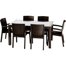 Noble Desing Rattan Masa Takımı 90X150 Camlı Masa 6 Kişilik Rattan Sandalye Seti Bahçe Balkon Teras Takımı