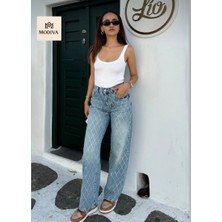 Yüksek Bel Taş Baskılı Bakalava Desenli Boru Paça Mavi Kadın Jean Pantolon