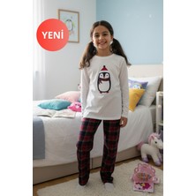 Dofi Kadın Çocuk 1737 Kışlık Ekose Pijama Takımı – Penguen Baskılı, Bisiklet Yaka, Boru Paça