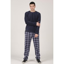 Dofi Erkek 1739 Ekoseli Polar Pijama Takımı Rahat Kesim - Lacivert / GRİ