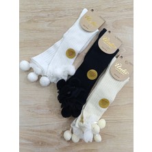 Ünlü Çorap Dizaltı Ponponlu Çocuk Çorap 3 Çift