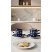 RGS Homelife 2'li El Yapımı Türk Kahvesi Fincan Seti, Seramik 4 Parça 2 Kişilik Kahve Fincan Takımı Mavi Lacivert