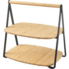 2 Katlı Siyah Metal Çerçeveli Bambu Sunumluk