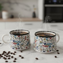 RGS Homelife 2'li El Yapımı Seramik Kupa Seti, Seramik Kahve, Espresso ve Çay Kupa Seti Çiçek Desenli Kupa