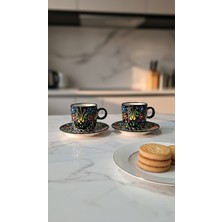 RGS Homelife 2'li El Yapımı Türk Kahvesi Fincan Seti, Seramik 4 Parça 2 Kişilik Kahve Fincan Takımı Siyah