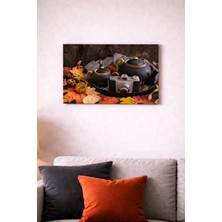 Arvion Vintage Kamera ve Çay Takımı Sonbahar Temalı Dekoratif Cam Tablo