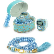 İhvan Online Allah Lafızlı Taş Süslemeli Püsküllü Kutulu Zikirmatik ve Inci Tesbihli Mevlüt Hediye Seti Mavi