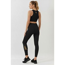 Twinticks Siyah Kadın Yoga Pilates Takımı – %100 Polyamid Kumaşlı Altın Kedi Desenli Sporcu Üstü ve Tayt