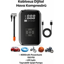Qasul WY-006 Kablosuz Dijital Hava Kompresörü 150 Psı Taşınabilir Şarjlı Lastik Şişirme Pompası LED Işıklı