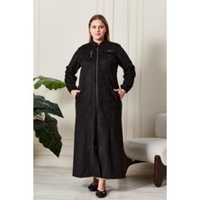 FERACE Kadin Buyuk Beden Tesettur Süet Kap Pardesü Boydan Göğsü Fermuarlı Uzun Tesettur Süet Pardesu