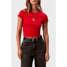 Calvin Klein Fitilli Pamuklu Slim Fit Bisiklet Yaka Crop T Shirt LV047AB802VMT Bayan T Shirt LV047AB802 Vmt