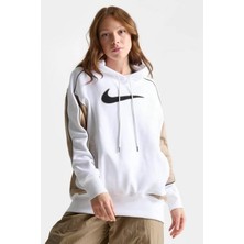 Nike Fleece Oversize Kadın Hoodie Beyaz Kapüşonlu Düz Desenli Rahat Kesim Sweatshirt