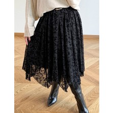 MZR Collection Flok Baskı Siyah Astarlı Etek