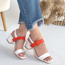 SEPET365 Year Beyaz Cilt Turuncu Detaylı Beyaz Topuklu Ayakkabı